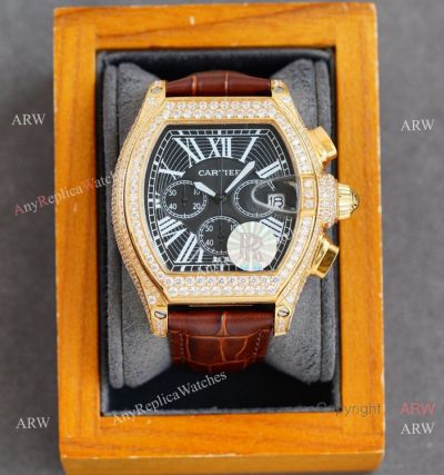 Iced Out Cartier Roadster Chronograph Watches Yellow Gold Case